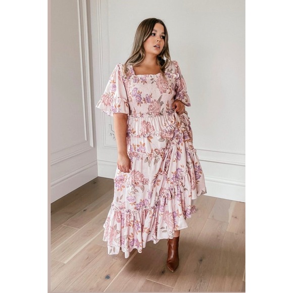 JessaKae Dresses & Skirts - Jessakae Senna Dress Sweet Pear Floral Tiered Maxi 2X Pink Smocked Ruffle